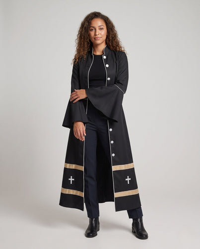 Damen Eleganter Langen Mantel mit Glockenärmeln und dekorativem Saum Echo Archiv