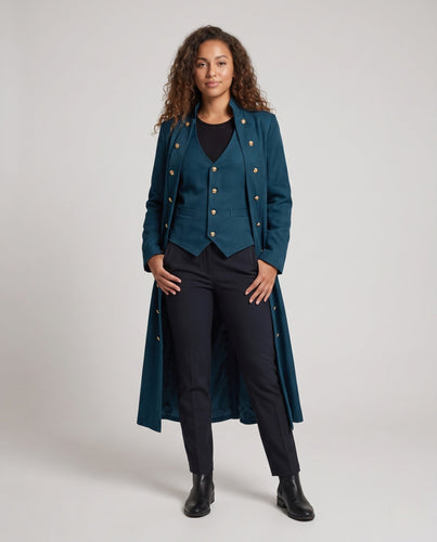 Damen Eleganter Stehkragen-Mantel mit kunstvollen Knöpfen und Schnürdetails Echo Archiv