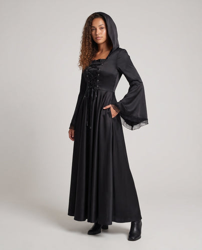 Damen Elegantes Kapuzenkleid mit weiterem Ärmel und Schnürung Echo Archiv