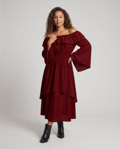 Damen Elegantes Maxikleid mit schickem Wasserfallausschnitt und weiten Ärmeln Echo Archiv