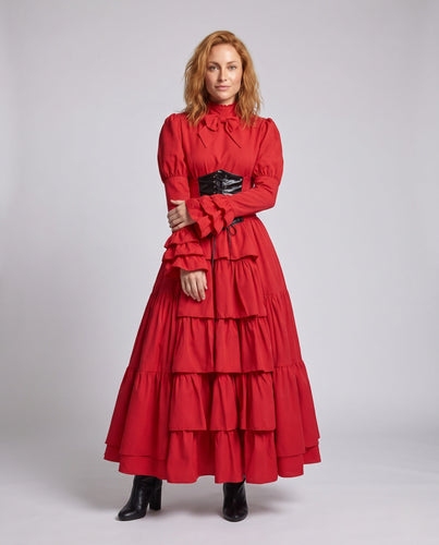Damen Elegantes Rüschenkleid mit hohem Kragen und Schnürdetails – Élara