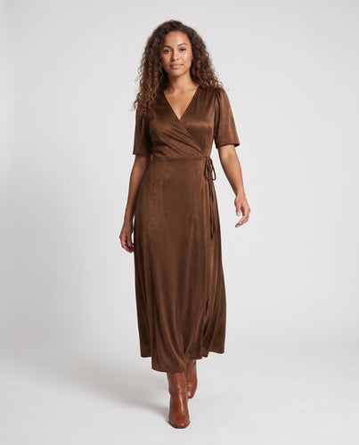 Damen Elegantes Wickelkleid mit Puffärmeln und fließendem Saum Echo Archiv