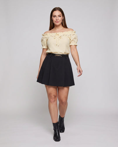 Damen Off-Shoulder Bluse mit Rüschensaum und dekorativen Details – Élovi