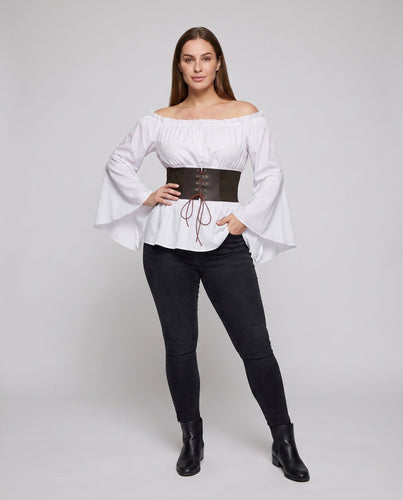 Damen Off-Shoulder Bluse mit weitem Ärmel und stilvollem Taillengürtel Echo Archiv
