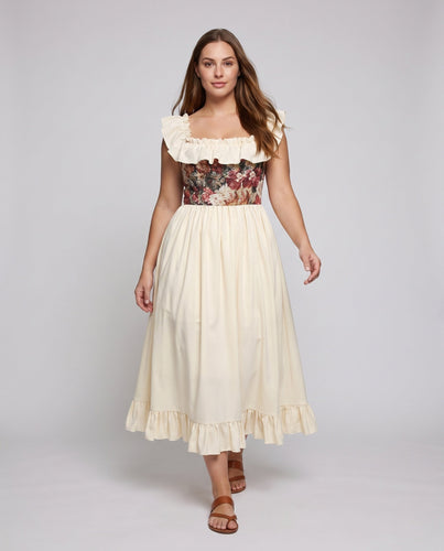 Damen Romantisches Maxikleid mit schickem Rüschensaum und floralem Oberteil – Valéora