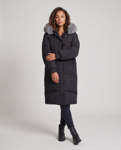 Damen extra langer oversized Puffermantel mit voluminöser Kapuze, abnehmbarer Kunstfellverzierung und lärmminderndem Außenmaterial