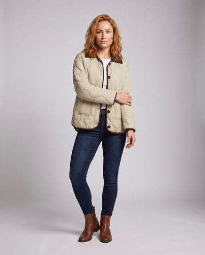 Damen nicht-gefütterte oversized gesteppte Jacke mit kontrastierenden Besätzen, großen Knöpfen und aufgesetzten Taschen