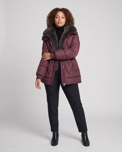Damen gepolsterte Parka mit voluminösem, abnehmbarem Kragen und Taillenzugband