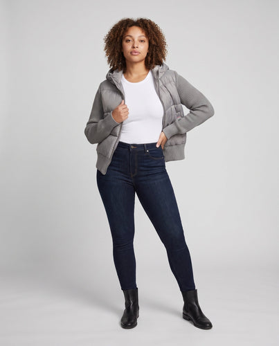 Damen Nan Hybrid Steppjacke mit gepolsterter Vorderseite, gestrickten Ärmeln und Kapuze