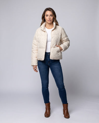 Damen kurz geschnittene gepolsterte Blumenjacke mit übergroßer Silhouette, hohem Kragen und verborgenem Reißverschluss