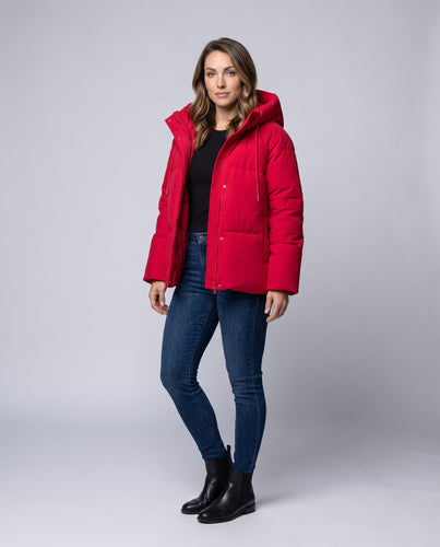 Damen kurze boxy gesteppte Parka mit hohem Kragenbesatz, Kapuze und weichem Mikrofleece-Futter