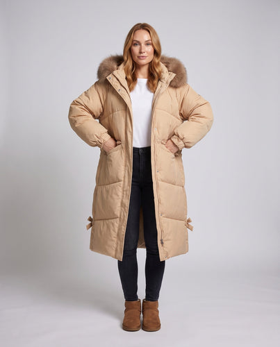 Damen längerer gesteppter Winterparka mit feminine A-Linie, abnehmbarer Kapuze und extra großen Seitentaschen