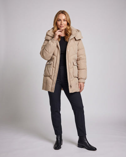 Damen mid-long gepolsterte Parka mit hohem Stehkragenklappe, verstaubarem Kapuze und großen Cargo-Taschen