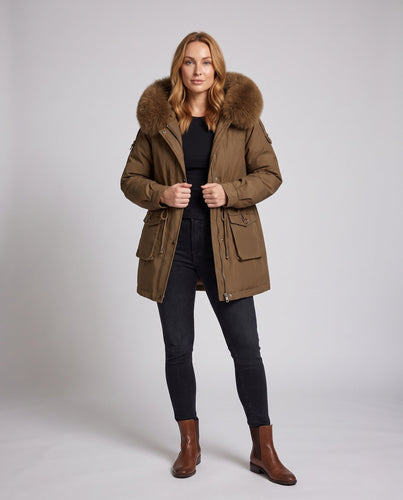 Damen moderne Utility-Parka mit extra großem Kragen in Felloptik und funktionalen Mehrfachtaschen