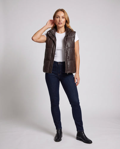 Damen oversized gepolstertes Kunstlederweste mit hohem Schal-Kragen und Zwei-Wege-Reißverschluss