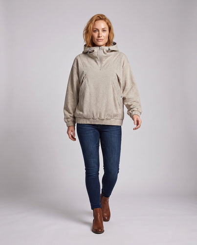 Damen Oversized-Hoodie mit halbem Reißverschluss, kariert gefütterter Kapuze, winddichter Innenlage und aufgesetzten Druckknopftaschen