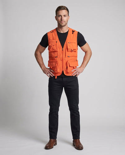 Herren Cargo-Angler-Utility-Weste mit Mesh-Einsätzen und verschiedenen Reißverschluss- und Klappenfächern