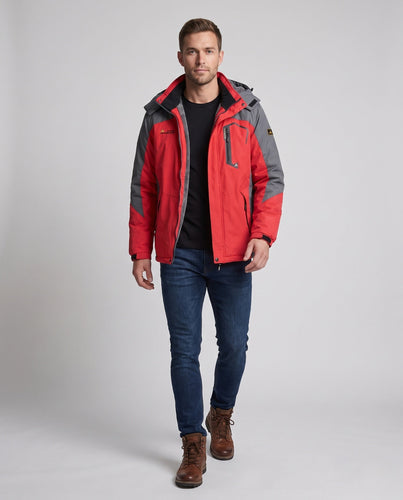 Herren isolierte winddichte Outdoor-Skijacke mit Fleece-Futter, verstellbarer Kapuze und funktionellem Reißverschluss