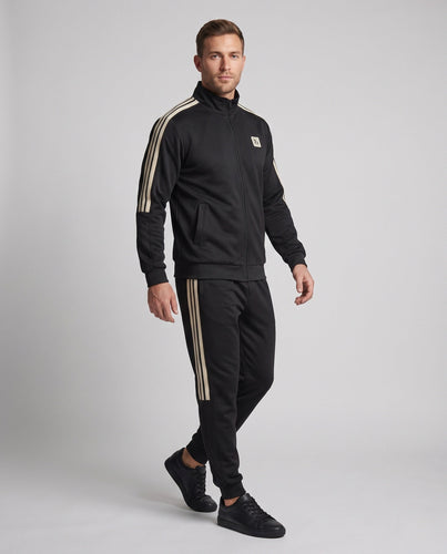 Männliches sportliches Zip-Trainingsset mit Stehkragen, Kontraststreifen und elastischem Bund