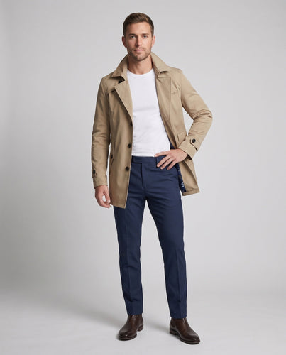 Herren maßgeschneiderter Trenchcoat mit kontrastierendem gemustertem Futter und verdeckter Knopfleiste
