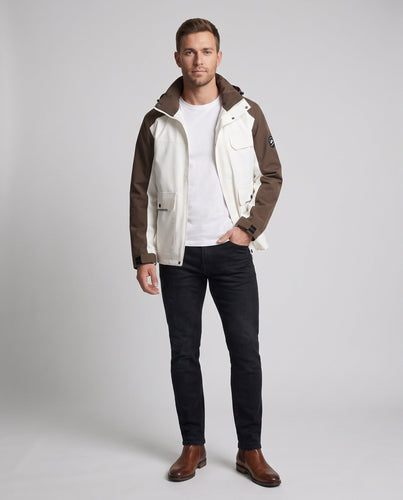 Männer zweifarbige funktionale Feldjacke mit verstellbarer Kapuze, Pattenaschen und winddichter Frontklappe