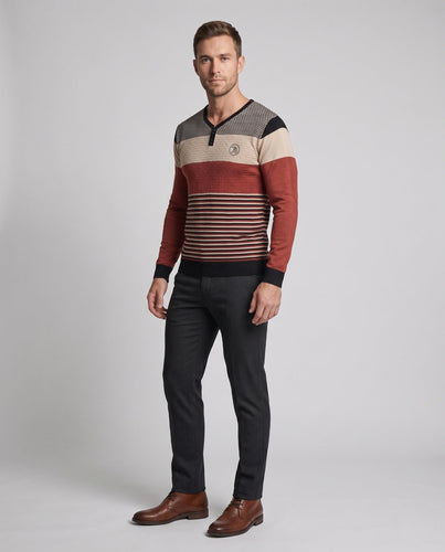 Herren Feiner Langarm Polo Pullover mit Gestreifter Struktur Echoarchiv