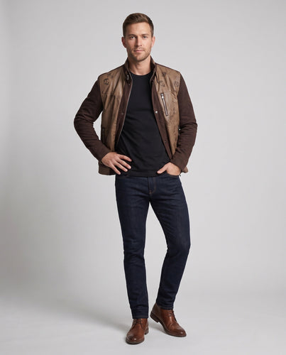 Herren Hybrid Übergangsjacke mit Stehkragen, Kunstleder-Frontpanelen und gestrickten Ärmeln – Taviero
