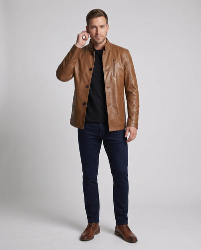 Herren Lederblouson im minimalistischen Design mit Stehkragen und Brusttasche – Valtoré