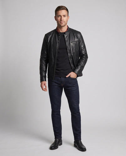 Herren Faux-Leder Bikerjacke mit Stehkragen und schlanker Silhouette Echoarchiv