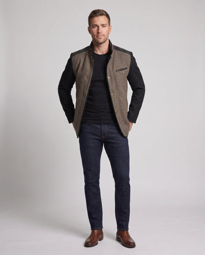 Herrenmanteljacke mit Stehkragen, doppelter Verschluss und strukturiertem Materialmix – Taviero