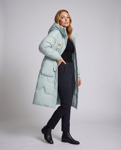 Damen Lange Thermo Steppjacke mit Übergroßer Kapuze und Windschutz Echoarchiv