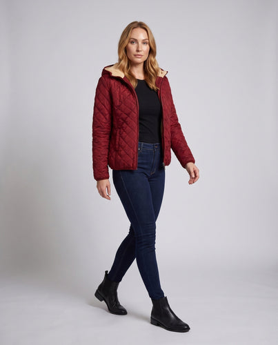 Damen gesteppte Jacke mit Kapuze und Teddy-Futter leichte gesteppte Winterjacke mit Reißverschluss Echoarchiv