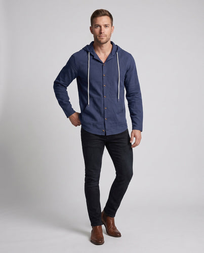 Herren Leichtgewicht Kapuzenhemd-Jacke im Leinen-Look mit Knopfleiste und Kängurutasche Echoarchiv