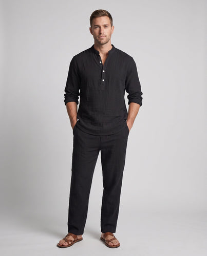 Herren Leinenlook Freizeitset mit Stehkragen Henley und weiten lässigen Hosen Echoarchiv
