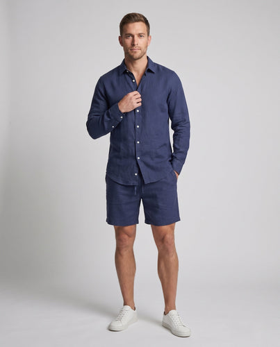 Herren Zwei-Teil Leinen-Mischung Freizeitanzug mit Übergröße Hemd und Relaxed Shorts Echoarchiv