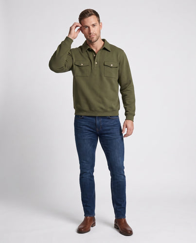 Herren Baumwollfleece-Pullover mit Hemdkragen und aufgesetzten Brusttaschen Echoarchiv