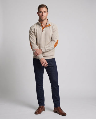Männlicher Cordpullover mit Stehkragen, Henley-Knopfleiste und Ellbogenpatches Echoarchiv
