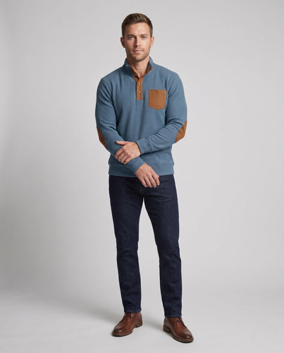 Herren fein strukturierter Henley-Pullover mit Stehkragen, Ellbogen-Patches & Brusttasche Echoarchiv