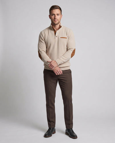 Herren Rippkragen Henley Pullover mit Kontrast-Einsätzen & Ellbogen-Patches Echoarchiv