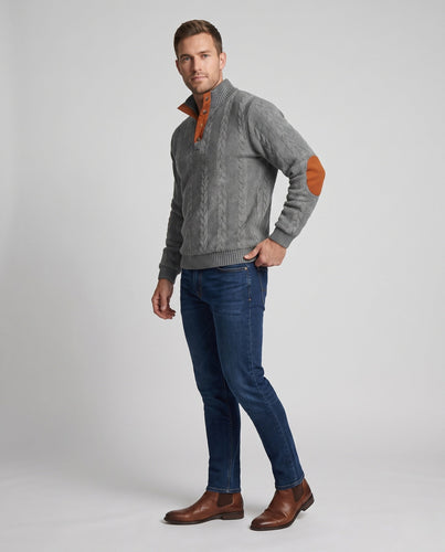 Herren-Kabelstrickpullover mit Halbcollar und Kunstlederbesatz Echoarchiv