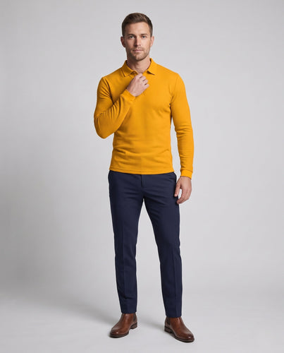 Herren Langarm-Polo-Shirt mit Henley-Knopfleiste und feiner Waffelstruktur Echoarchiv