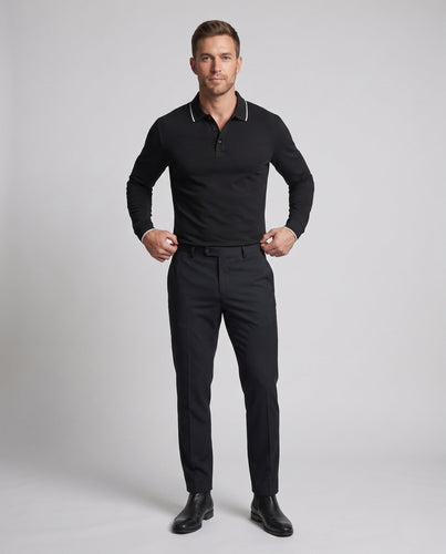 Herren Langarm-Polo-Shirt aus Stretch-Piqué mit slim fit und kontrastfarbener Paspel Echoarchiv