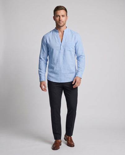 Herren Freizeit Langarm-Henley-Shirt mit kurzem Stehkragen und Brusttasche Echoarchiv