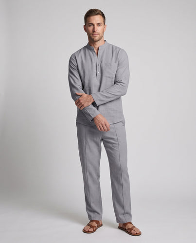 Herren Casual Leinenmischung Set mit Stehkragen Henley und entspannten Faltenhosen Echoarchiv