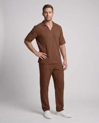 Herren Casual Leinen-Look Loungewear Set mit offener V-Ausschnitt und geraden Loungehosen Echoarchiv