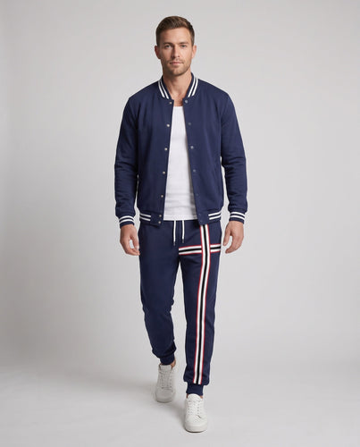 Männliches lässiges Lounge-Set mit College-Bomberjacke und gestreiften Jogginghosen Echoarchiv