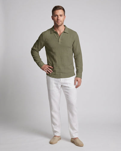 Leichtes Herren-Leinen-Optik Henley Polo-Shirt mit Hemdkragen und offener Knopfleiste Echoarchiv