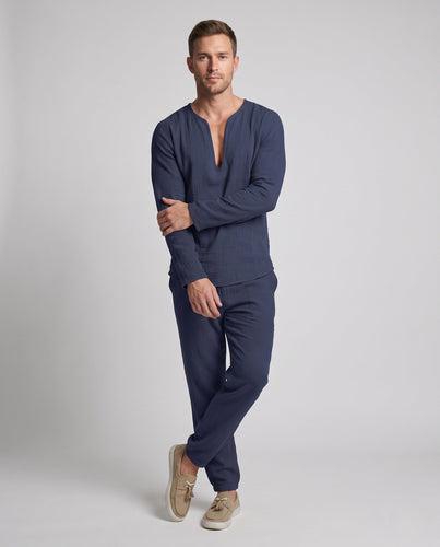 Herren Leichte Leinen-Look Resort Set mit tiefem V-Ausschnitt & lockeren Hosen Echoarchiv