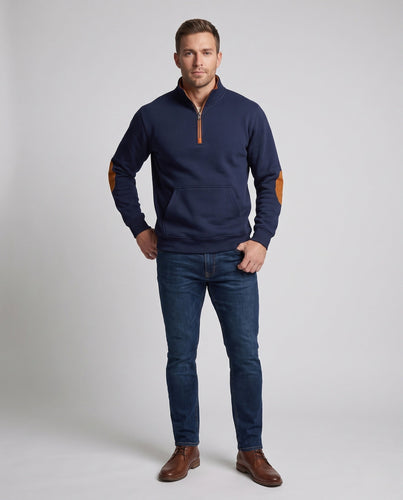 Herren Relaxed Halb-Reißverschluss Sweatshirt mit Kängurutasche und Lederlook Ellbogenpatches Echoarchiv