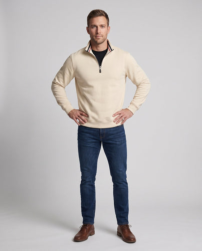 Männer Sport Sweatshirt mit halbem Reißverschluss, gestreiftem Stehkragen und gerippten Bündchen Echoarchiv